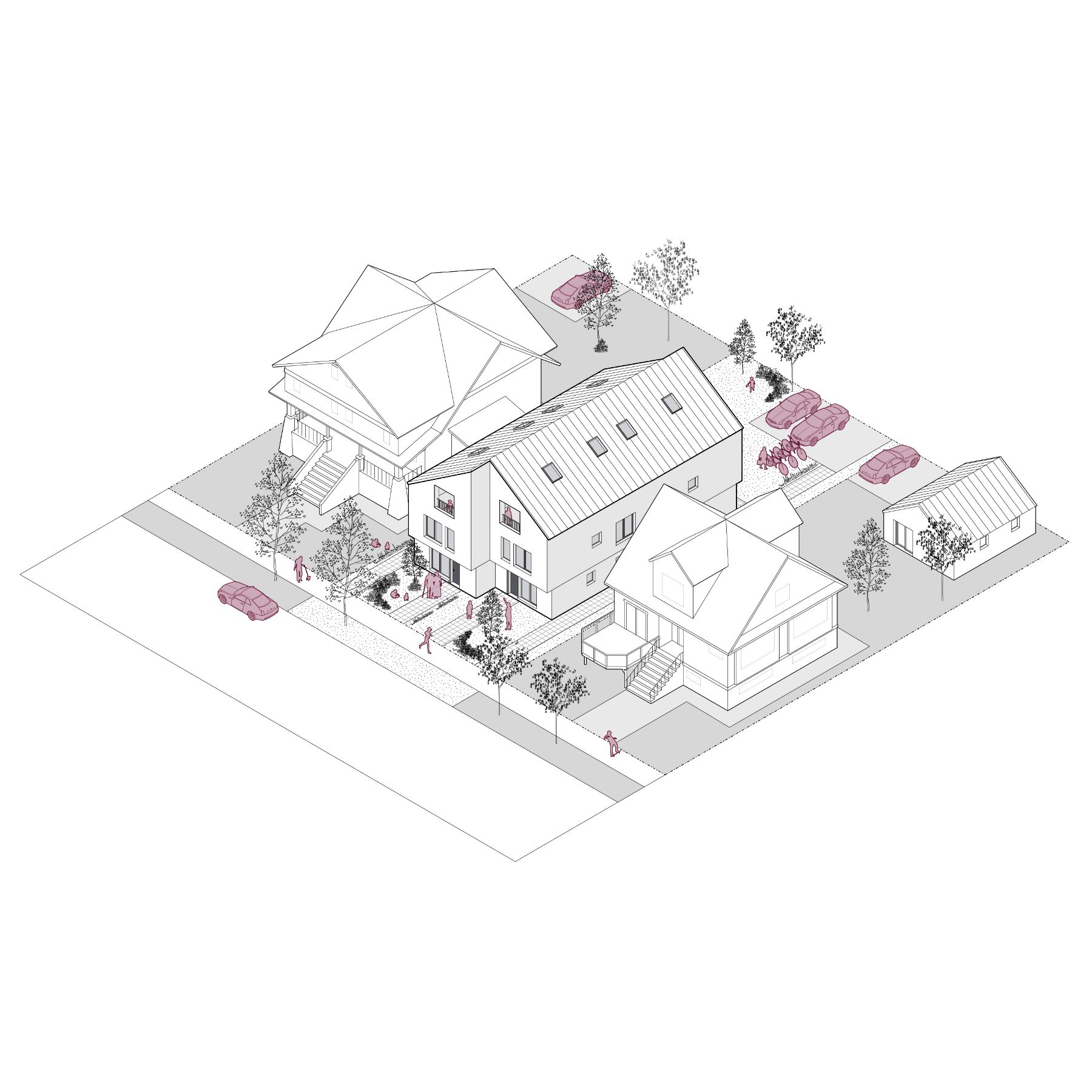 A 3D line rendering of Fourplex 02, spanning approximately 2,800 square feet in total, with each unit covering about 700 square feet. The model illustrates the building in an urban setting, highlighting its design and shared outdoor spaces.